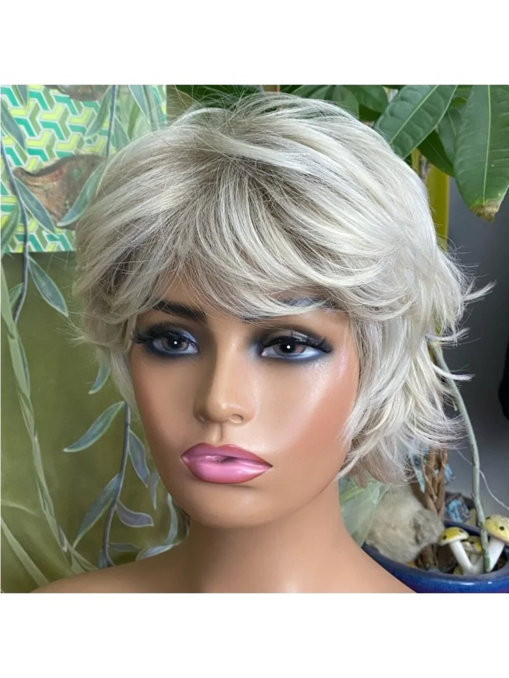 ash platinum blonde rooted shaggy pixie bob wig